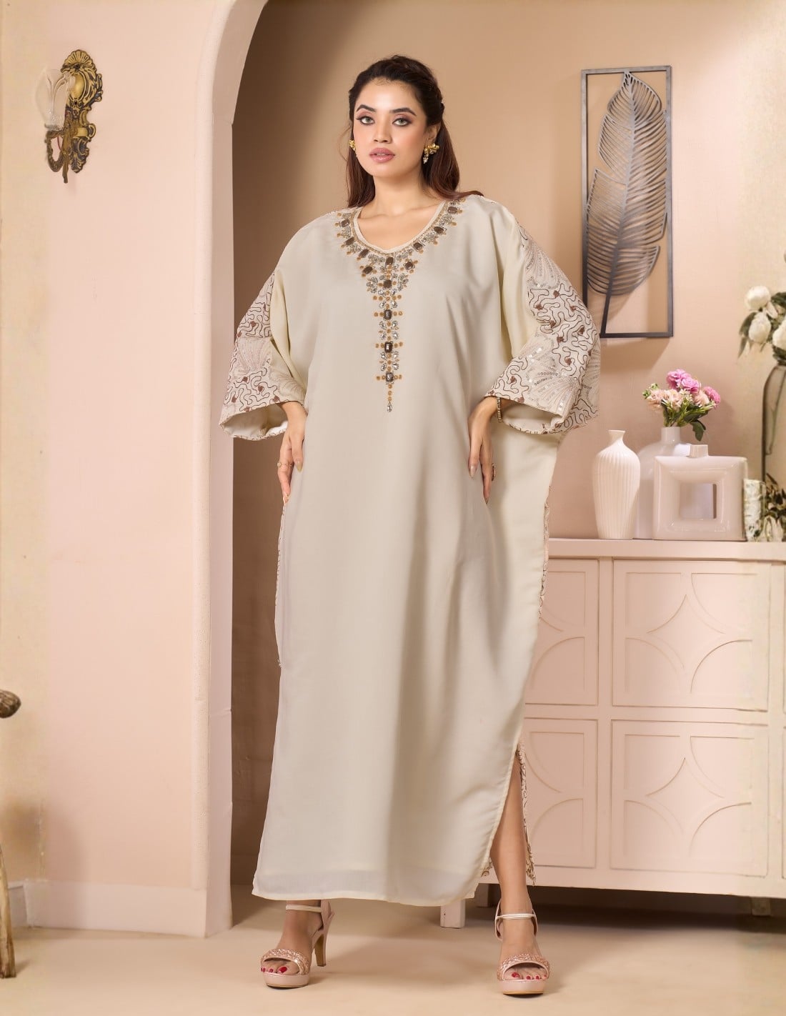 Luxury Cream Evening Kaftan - Roman Silk-like Fabric with Hand-Beaded Embroidery.
