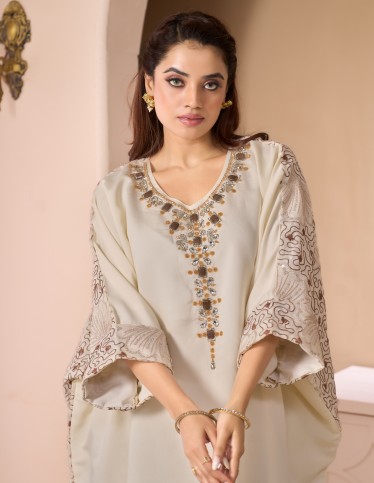 Luxury Cream Evening Kaftan - Roman Silk-like Fabric with Hand-Beaded Embroidery.