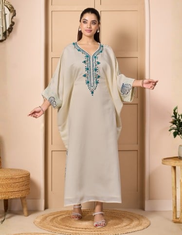 Majestic Cream Evening Kaftan - Exquisite Hand-Embellished Roman Silk-like Ensemble.