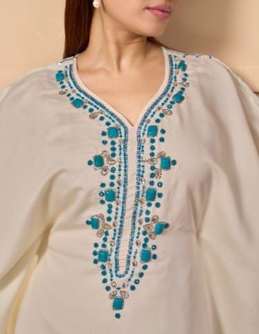 Majestic Cream Evening Kaftan - Exquisite Hand-Embellished Roman Silk-like Ensemble.