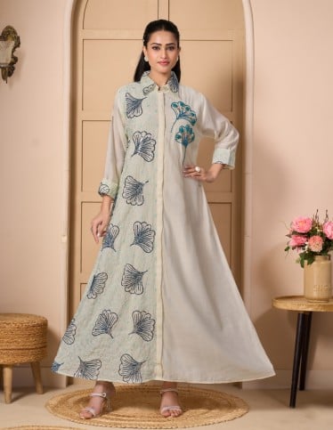Asymmetric "Al-Rafah" Kaftan - Roman Silk-Style with Side Hand-Beaded Embroidery.