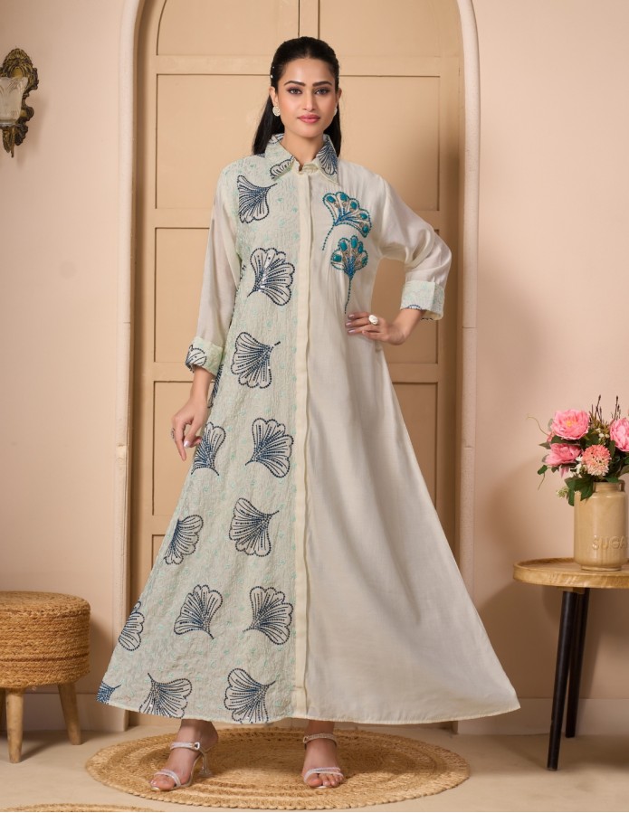 Asymmetric "Al-Rafah" Kaftan - Roman Silk-Style with Side Hand-Beaded Embroidery.