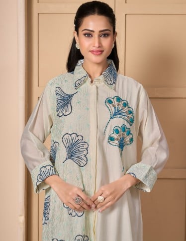 Asymmetric "Al-Rafah" Kaftan - Roman Silk-Style with Side Hand-Beaded Embroidery.