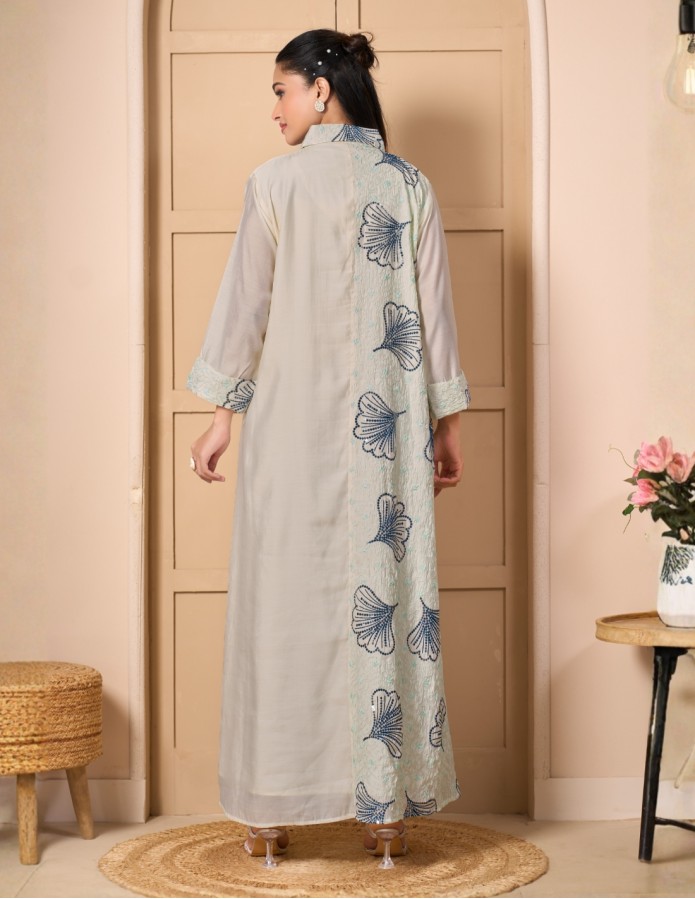 Asymmetric "Al-Rafah" Kaftan - Roman Silk-Style with Side Hand-Beaded Embroidery.