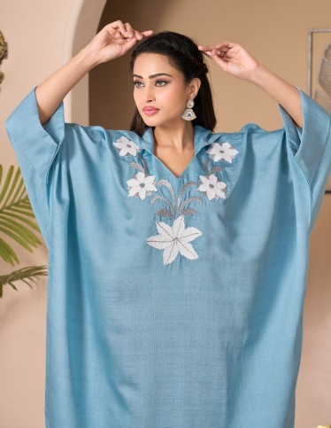 "Jewel" Moroccan Reception Gown – Sky Blue with Hand-Embroidered Bodice.