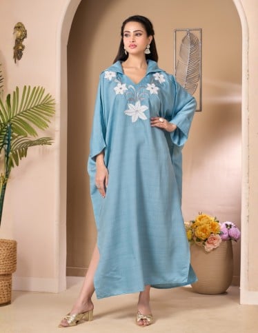 "Jewel" Moroccan Reception Gown – Sky Blue with Hand-Embroidered Bodice.