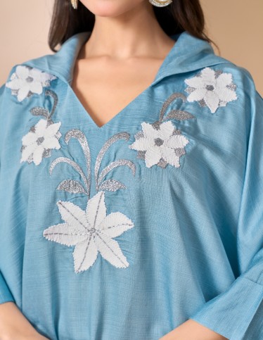 "Jewel" Moroccan Reception Gown – Sky Blue with Hand-Embroidered Bodice.