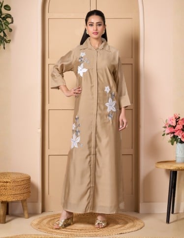 "Spring Whisper" Kaftan - Taupe Shirtdress Style with Hand-Embroidered Floral Sprigs.