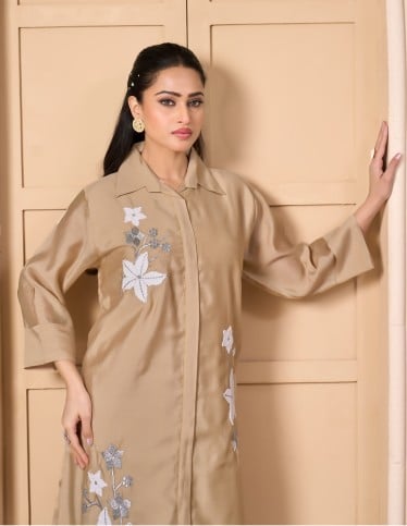 "Spring Whisper" Kaftan - Taupe Shirtdress Style with Hand-Embroidered Floral Sprigs.