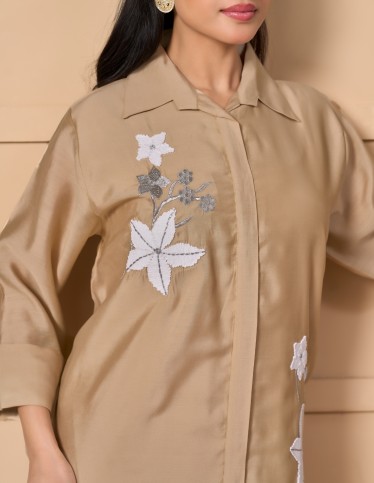 "Spring Whisper" Kaftan - Taupe Shirtdress Style with Hand-Embroidered Floral Sprigs.