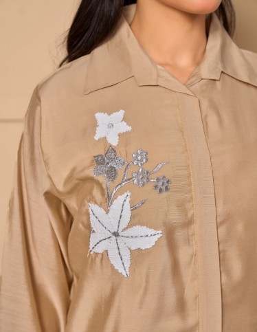 "Spring Whisper" Kaftan - Taupe Shirtdress Style with Hand-Embroidered Floral Sprigs.