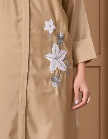 "Spring Whisper" Kaftan - Taupe Shirtdress Style with Hand-Embroidered Floral Sprigs.