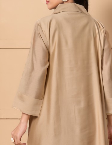 "Spring Whisper" Kaftan - Taupe Shirtdress Style with Hand-Embroidered Floral Sprigs.