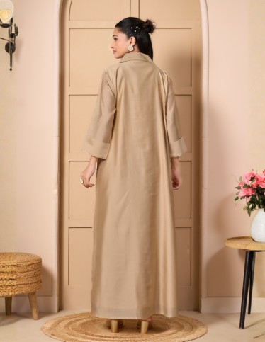"Spring Whisper" Kaftan - Taupe Shirtdress Style with Hand-Embroidered Floral Sprigs.