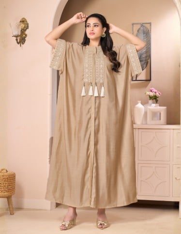 "Areej" Butterfly Gown – Royal Beige Silk-Crepe with Shimmering Sequin Embroidery.