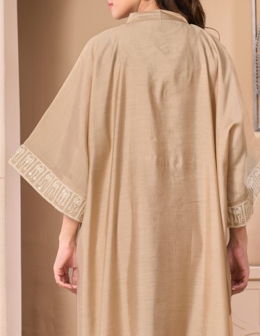 "Areej" Butterfly Gown – Royal Beige Silk-Crepe with Shimmering Sequin Embroidery.