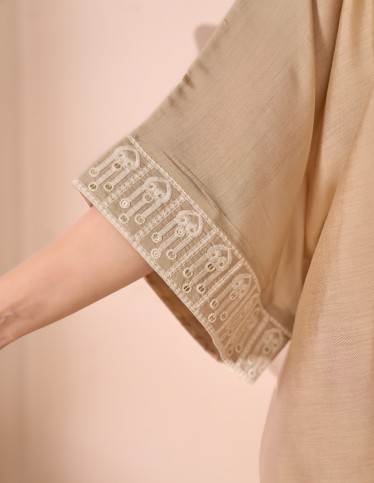 "Areej" Butterfly Gown – Royal Beige Silk-Crepe with Shimmering Sequin Embroidery.