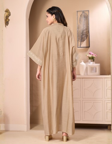 "Areej" Butterfly Gown – Royal Beige Silk-Crepe with Shimmering Sequin Embroidery.