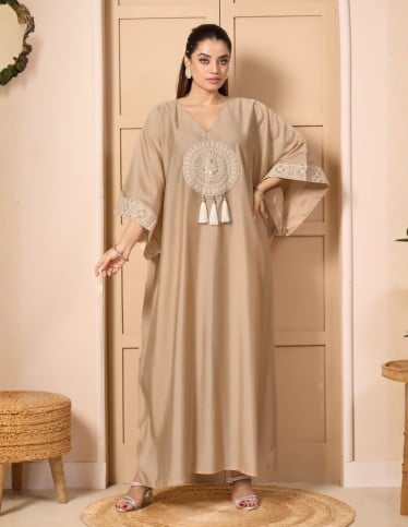 Beige Bohemian-Style Kaftan Jalabiya with Circular Embroidery