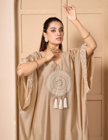 Beige Bohemian-Style Kaftan Jalabiya with Circular Embroidery