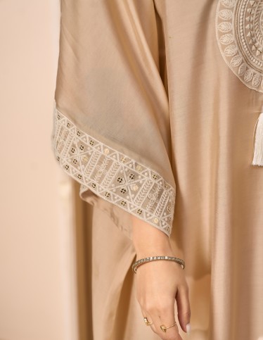 Beige Bohemian-Style Kaftan Jalabiya with Circular Embroidery
