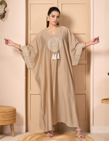 Beige Bohemian-Style Kaftan Jalabiya with Circular Embroidery