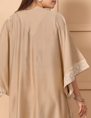Beige Bohemian-Style Kaftan Jalabiya with Circular Embroidery