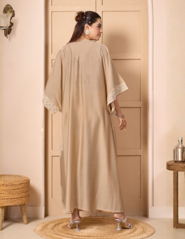 Beige Bohemian-Style Kaftan Jalabiya with Circular Embroidery