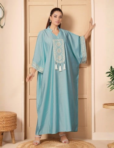 Sky Blue Kaftan Jalabiya with Royal Embroidery and Modern Tassels