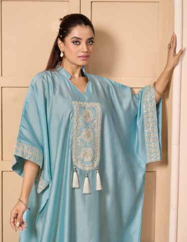 Sky Blue Kaftan Jalabiya with Royal Embroidery and Modern Tassels