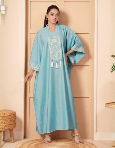 Sky Blue Kaftan Jalabiya with Royal Embroidery and Modern Tassels