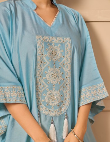 Sky Blue Kaftan Jalabiya with Royal Embroidery and Modern Tassels