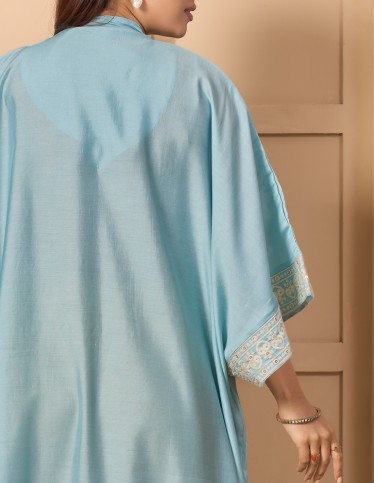 Sky Blue Kaftan Jalabiya with Royal Embroidery and Modern Tassels