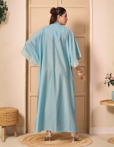 Sky Blue Kaftan Jalabiya with Royal Embroidery and Modern Tassels