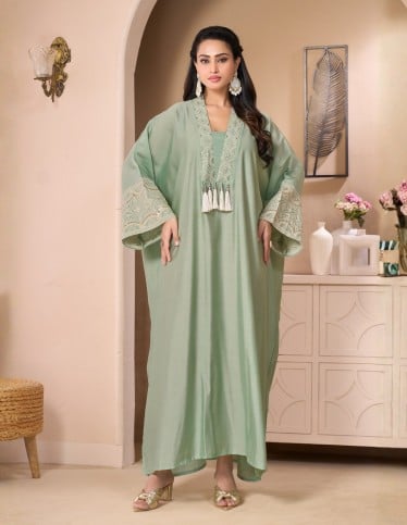 Mint Green Kaftan Jalabiya with Embroidered Neckline and Pearl Tassels
