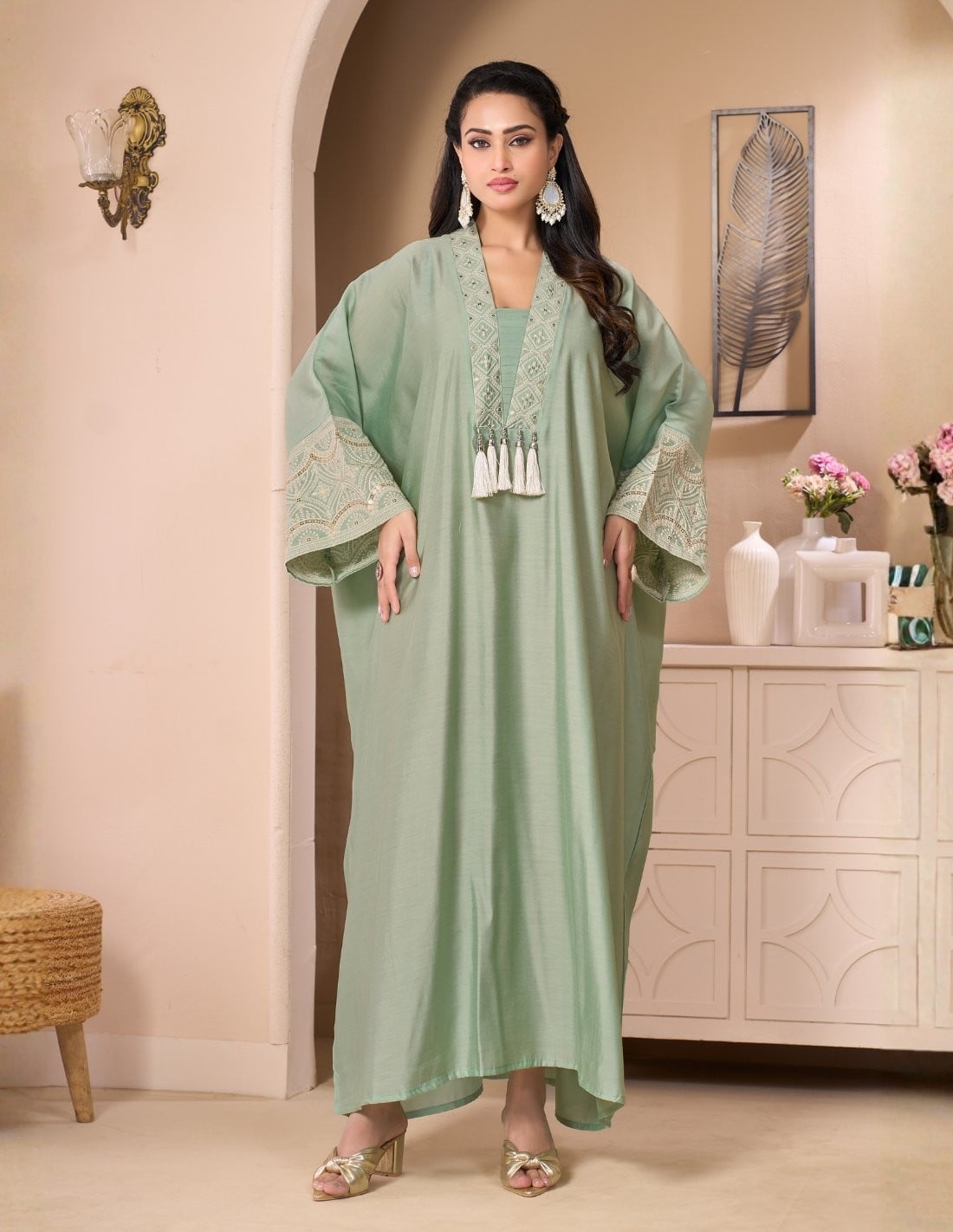 Mint Green Kaftan Jalabiya with Embroidered Neckline and Pearl Tassels