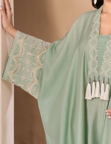 Mint Green Kaftan Jalabiya with Embroidered Neckline and Pearl Tassels