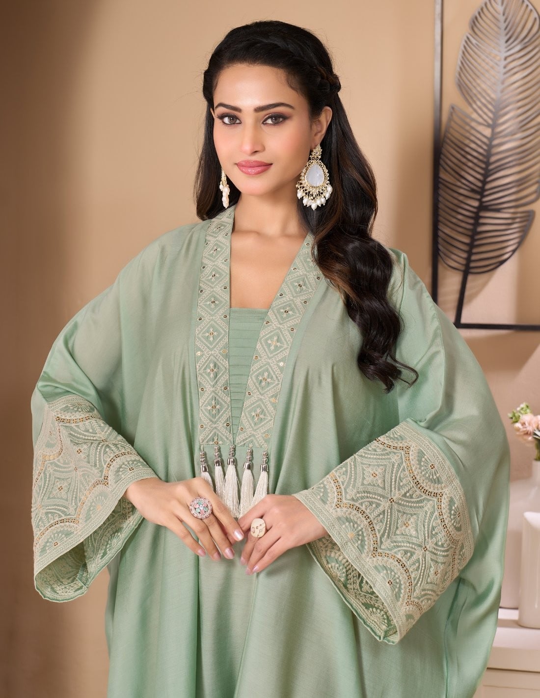 Mint Green Kaftan Jalabiya with Embroidered Neckline and Pearl Tassels