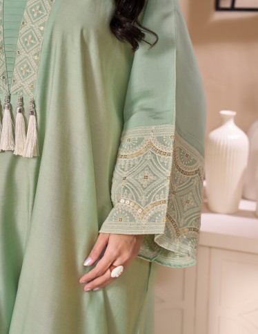 Mint Green Kaftan Jalabiya with Embroidered Neckline and Pearl Tassels