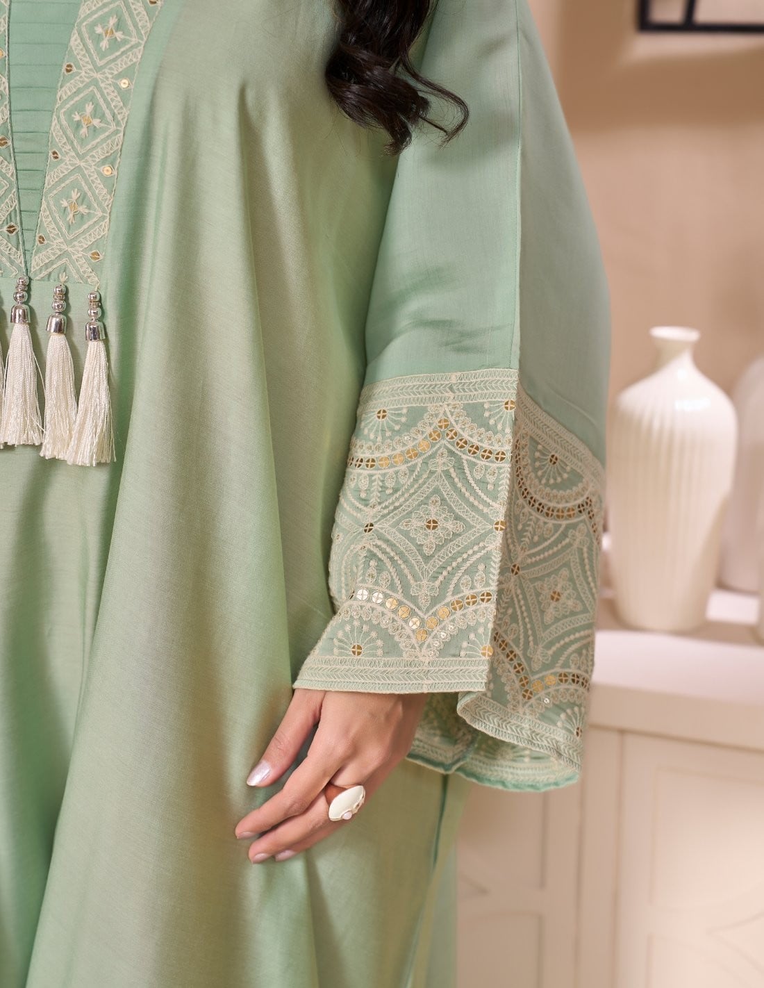 Mint Green Kaftan Jalabiya with Embroidered Neckline and Pearl Tassels