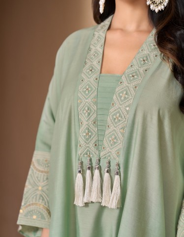 Mint Green Kaftan Jalabiya with Embroidered Neckline and Pearl Tassels