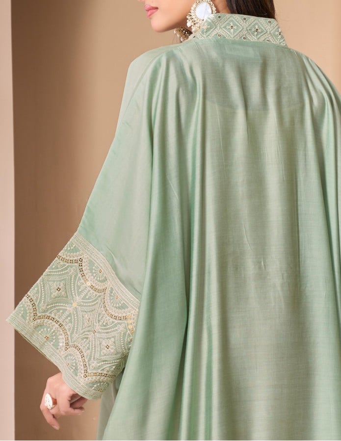 Mint Green Kaftan Jalabiya with Embroidered Neckline and Pearl Tassels