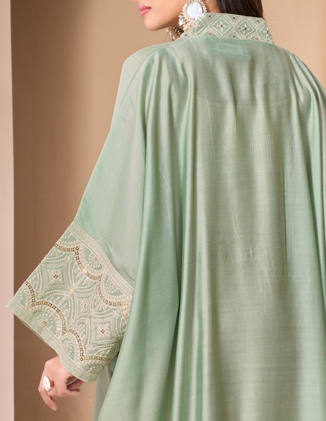 Mint Green Kaftan Jalabiya with Embroidered Neckline and Pearl Tassels