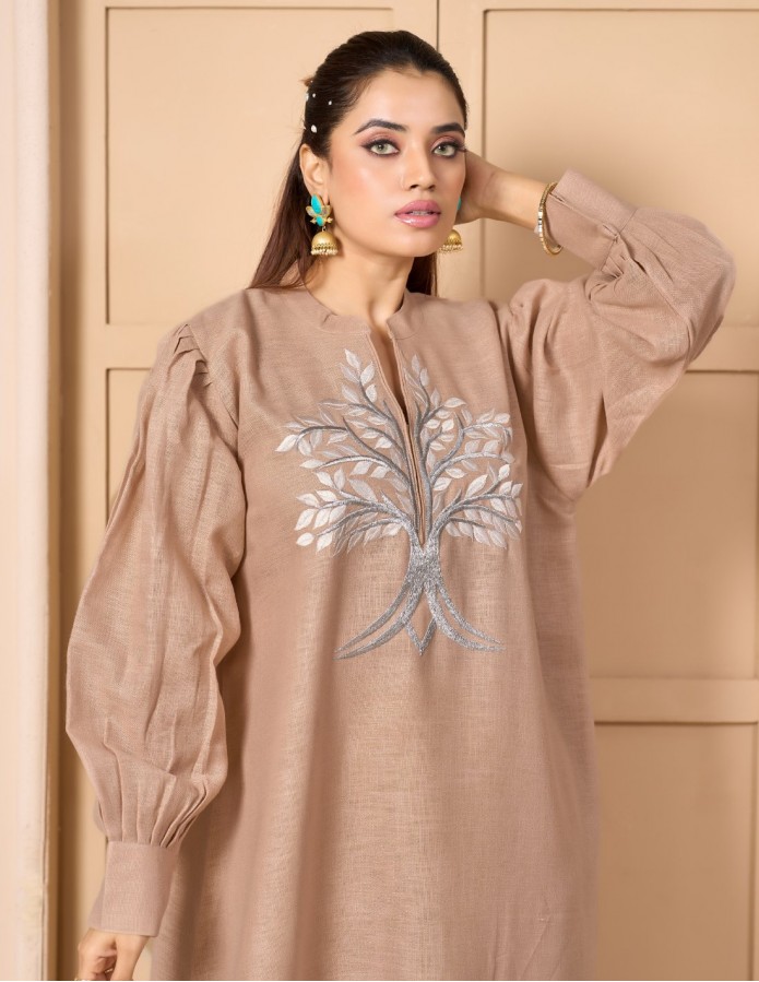 "Linen-Look Elegance" Abaya-Style Jalabiya with Mandarin Collar & Silver Tree Embroidery - Nude Beige