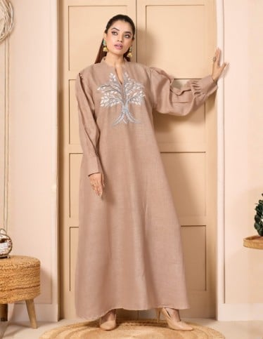 "Linen-Look Elegance" Abaya-Style Jalabiya with Mandarin Collar & Silver Tree Embroidery - Nude Beige