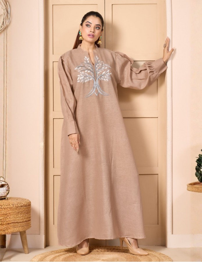 "Linen-Look Elegance" Abaya-Style Jalabiya with Mandarin Collar & Silver Tree Embroidery - Nude Beige