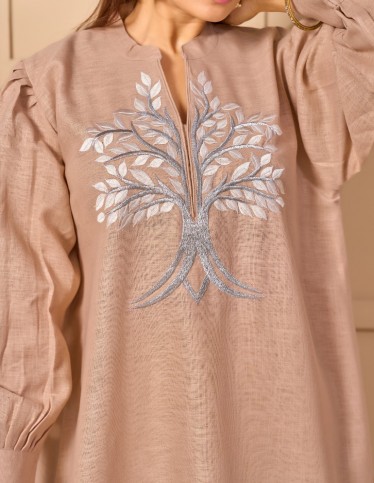 "Linen-Look Elegance" Abaya-Style Jalabiya with Mandarin Collar & Silver Tree Embroidery - Nude Beige
