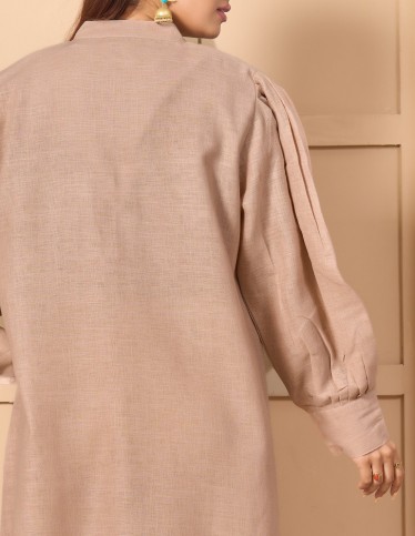 "Linen-Look Elegance" Abaya-Style Jalabiya with Mandarin Collar & Silver Tree Embroidery - Nude Beige