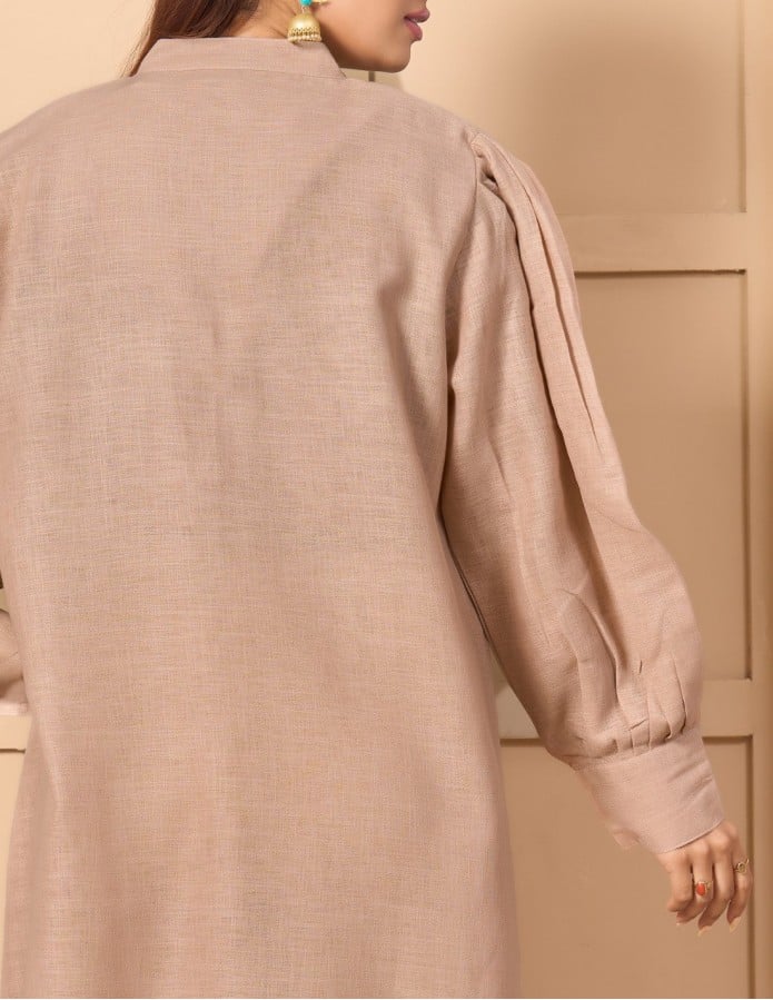 "Linen-Look Elegance" Abaya-Style Jalabiya with Mandarin Collar & Silver Tree Embroidery - Nude Beige