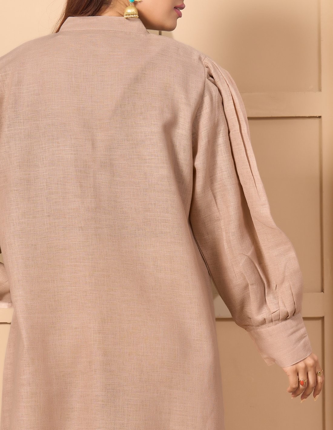 "Linen-Look Elegance" Abaya-Style Jalabiya with Mandarin Collar & Silver Tree Embroidery - Nude Beige